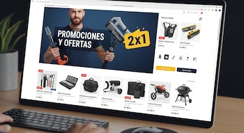 Una pantalla de laptop muestra un sitio web de comercio electrónico con un banner de 'Promociones y Ofertas' y '2x1', además de varios productos.