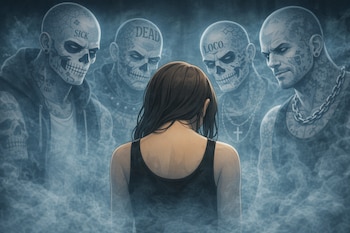 Imagen animada de una mujer de espaldas con cabello castaño y camiseta negra, rodeada por cuatro figuras masculinas fantasmales y tatuadas en neblina azul.