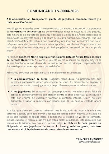 El comunicado de la Trinchera Norte por el momento convulso de Universitario. - Crédito: @trinchera_nort