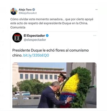 Alejandro Toro respondió directamente a María Fernanda Cabal al recordarle el homenaje de Iván Duque a China - crédito @AlejoToroAnt/X