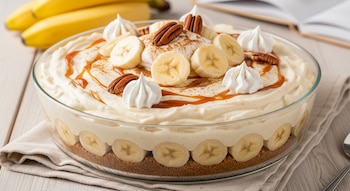 Postre en recipiente de vidrio con base de galletas, rodajas de plátano, crema, salsa de caramelo, nueces, merengues, canela y plátanos al fondo.