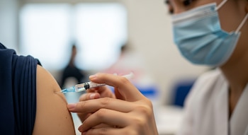 Primer plano de una jeringa administrando una vacuna en el brazo de una persona, con un profesional de la salud usando barbijo en segundo plano.