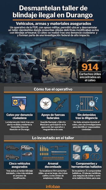 Infografía sobre el desmantelamiento de un taller de blindaje ilegal en Durango. Muestra militares y un taller, con secciones sobre el operativo, vehículos, arsenal y componentes.