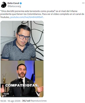 Beto Coral cuestiona a De la Espriella por atribuir el terremoto a “prueba divina” - crédito @Betocoralg/X