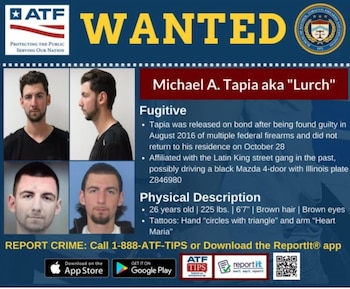 Ficha de búsqueda para capturar a Tapia, emitida por la ATF. Crédito: ATF