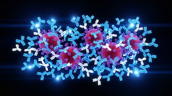 Visualización digital de moléculas de anticuerpos azules y blancas en forma de Y rodeando esferas rojas del virus VIH con puntas violetas, sobre fondo negro.