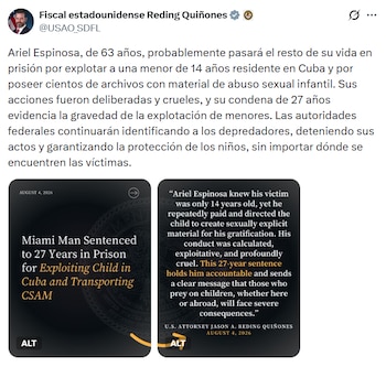 Publicación de Twitter de Fiscal Reding Quiñones. Contiene texto sobre condena a Ariel Espinosa y dos tarjetas con detalles de la sentencia del 4 de agosto de 2026
