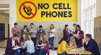 Estudiantes de secundaria interactúan en un pasillo escolar con casilleros. Un cartel amarillo grande prohíbe los teléfonos móviles. Algunos leen o charlan.