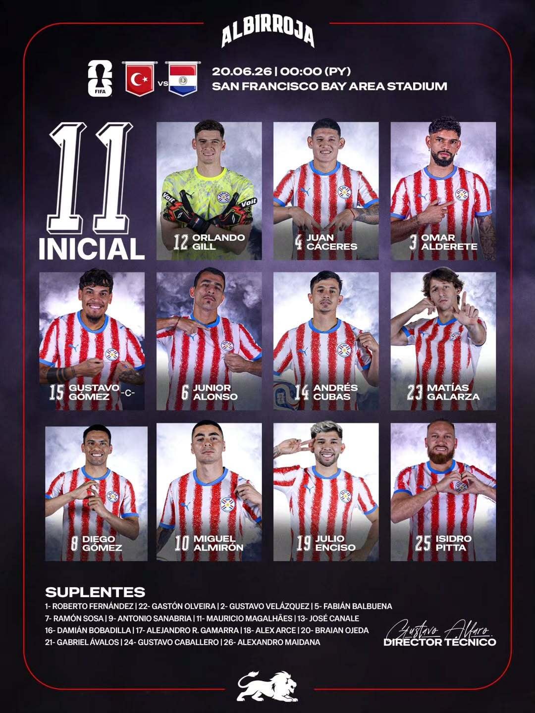 Alineación confirmada de Paraguay para el duelo ante Turquía por fecha 2 del Mundial 2026. Crédito: Instagram Albirroja.