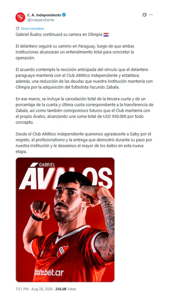 Independiente anunció la salida de Gabriel Ávalos