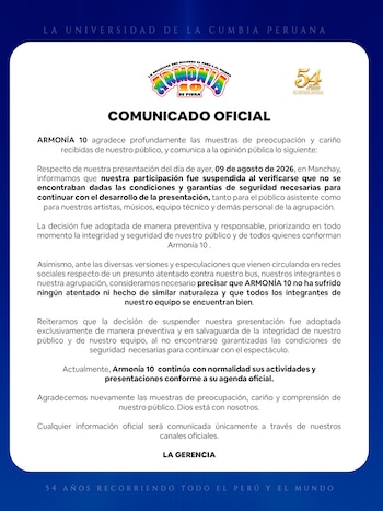 Un comunicado oficial de Armonía 10 en fondo azul y blanco, con logos de la banda y "54 Años de Historia Musical". Incluye texto informativo sobre la gerencia