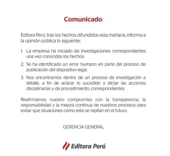 Comunicado de Editora Perú. Crédito: