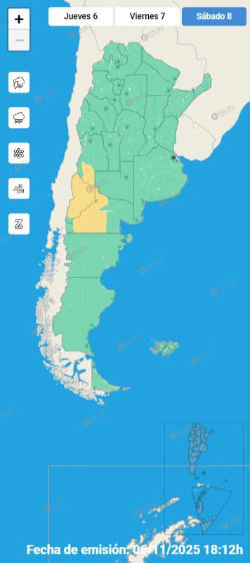 Para el sábado las únicas alertas se encuentran en la Patagonia y Mendoza