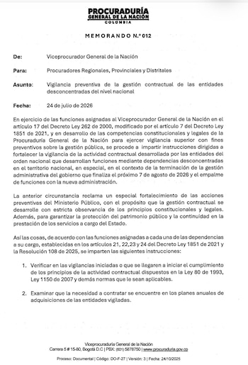 Memorando de la Procuraduría sobre la contratación pública - crédito Procuraduría