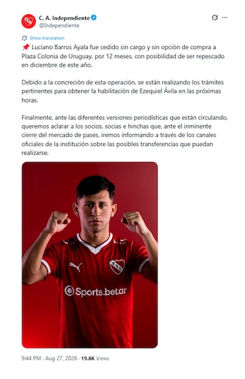 independiente confirmó la cesión de Barros Ayala