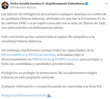 El ministro de Defensa informó que no existe riesgo real y que la conclusión fue comunicada a la campaña. - crédito @PedroSanchezCol/X