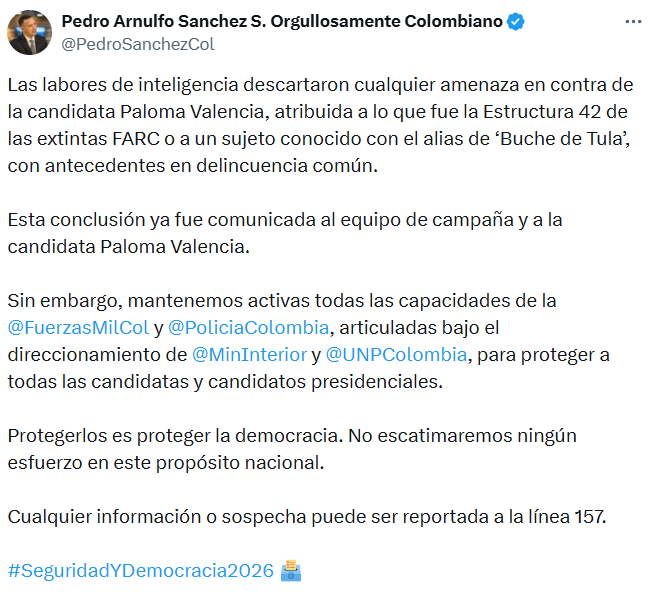 El ministro de Defensa informó que no existe riesgo real y que la conclusión fue comunicada a la campaña. - crédito @PedroSanchezCol/X