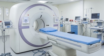 Equipo PET-TC, mesa de paciente con almohada azul, monitores médicos, soportes de infusión con sueros, teclados y mobiliario de almacenamiento.