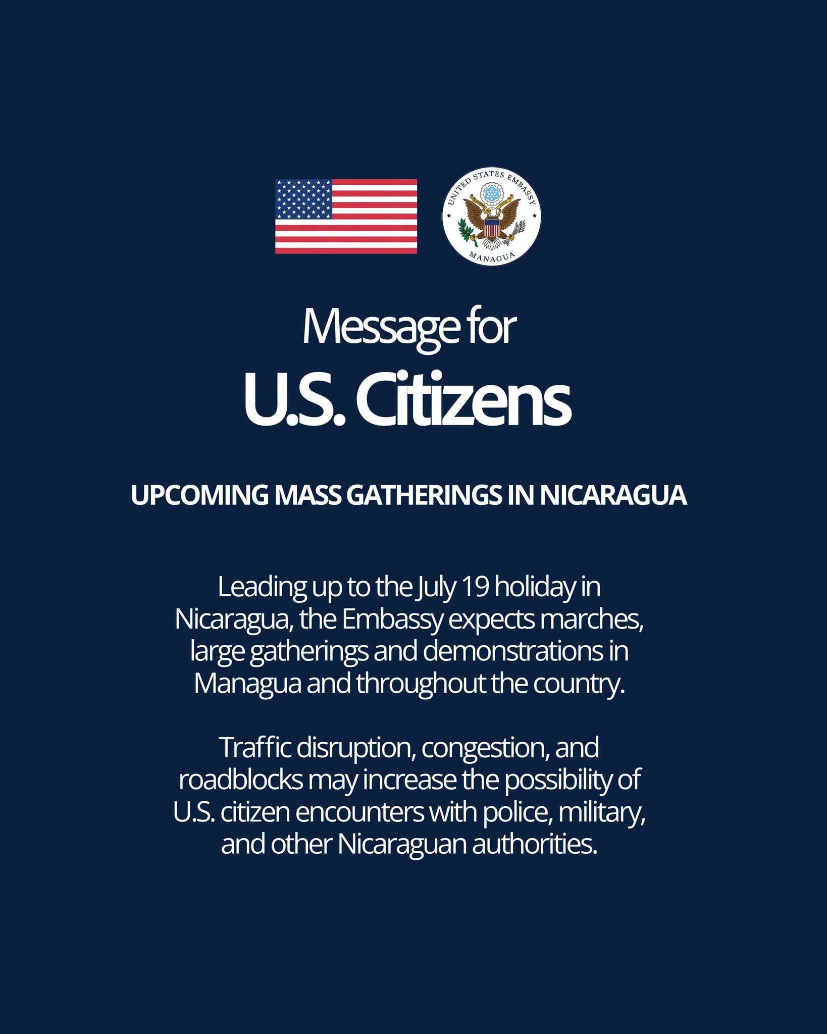 Comunicado oficial de la Embajada de los Estados Unidos en Nicaragua dirigido a la comunidad estadounidense en el país.