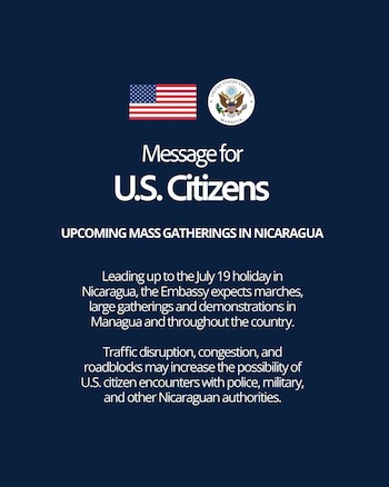 Declaração oficial da Embaixada dos EUA na Nicarágua dirigida à comunidade americana no país.