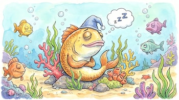 Ilustración acuarela de un pez dorado grande durmiendo con gorro de noche en el fondo marino, rodeado de peces somnolientos, corales y algas.