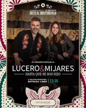 Cartel promocional con fotografías de Manuel Mijares y Lucero, junto con textos que anuncian un concierto y un emblema patrio
