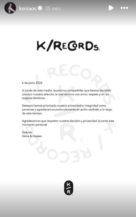 La artista eligió sus redes sociales para confirmar la noticia. (IG Kenia OS)