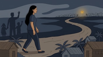 Ilustración de mujer nicaragüense caminando en noche por carretera de tierra, bordeada por casas y palmas. Al fondo, cerca de alambre de púas y siluetas de personas.