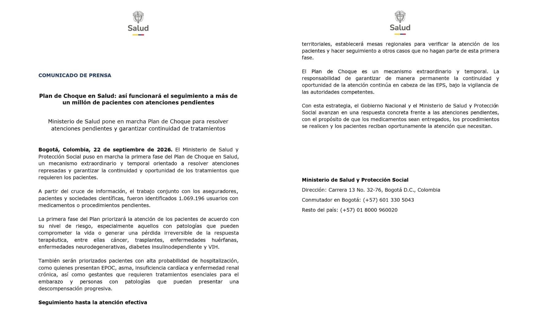 El Gobierno precisó que el plan de choque es un mecanismo extraordinario y temporal, por lo que la responsabilidad permanente de garantizar la continuidad y oportunidad de la atención continúa en cabeza de las EPS - crédito Ministerio de Salud