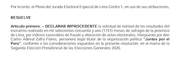 Imagen de un documento oficial con texto en español. Se ve una resolución del Jurado Electoral Especial de Lima Centro 1 declarando improcedente una solicitud