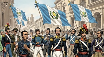 Ilustración de una procesión militar y civil con hombres de época portando banderas de Guatemala en una calle colonial con edificios.