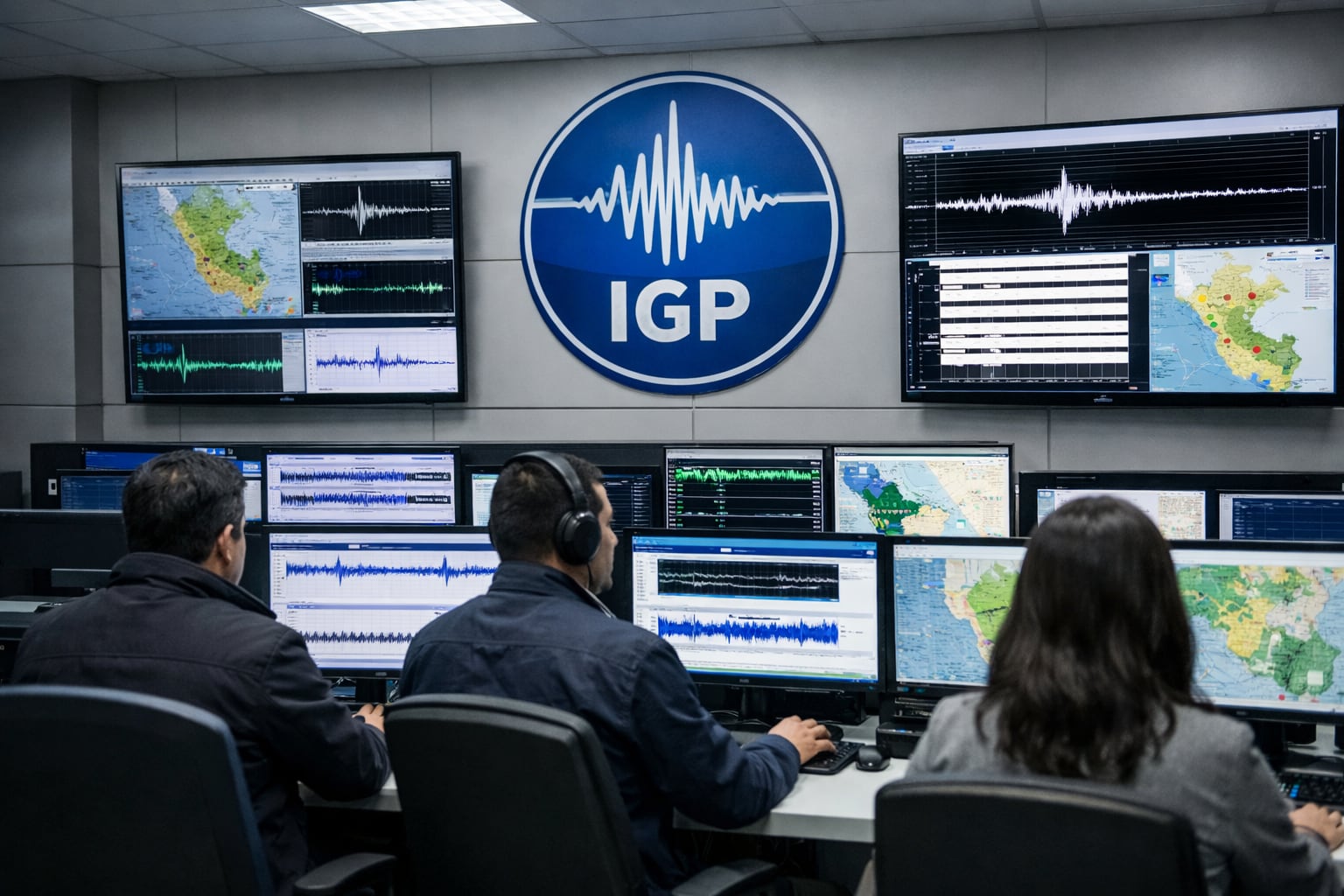 Una sala de monitoreo sísmico moderna en Perú muestra a operadores del IGP supervisando pantallas con mapas sísmicos y gráficos de actividad telúrica. (Imagen Ilustrativa Infobae)