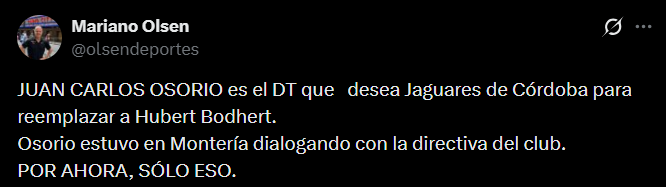 Jaguares de Córdoba quiere dar un golpe en el fútbol colombiano con la llegada de Juan Carlos Osorio como su técnico - crédito @olsendeportes/X