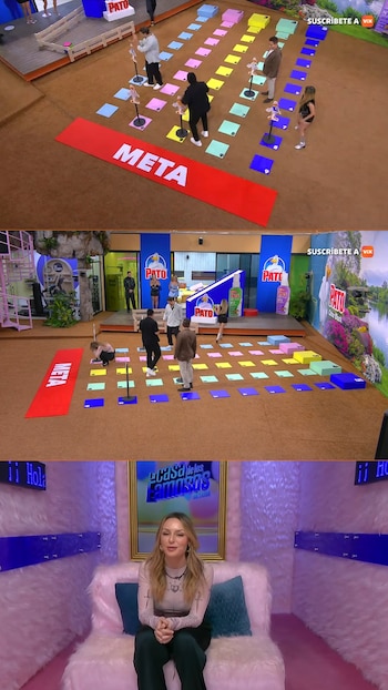 Tres imágenes verticales que muestran un juego sobre un tablero gigante numerado y a una mujer sentada en un sillón rosa frente a un logotipo