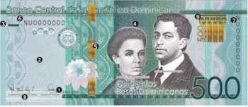 Reverso de un billete de 50 pesos dominicanos en tonos púrpura, mostrando la fachada de la Catedral Primada de América y elementos de seguridad