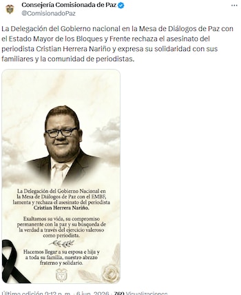 Consejería de Paz rechazó homicidio de periodista - crédito @ComisionadoPaz/X