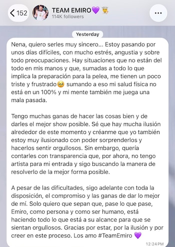 Emiro Navarro compartió con sus seguidores que atraviesa semanas de estrés y angustia antes de Stream Fighters 5 - crédito captura de pantalla Team Emiro / WhatsApp