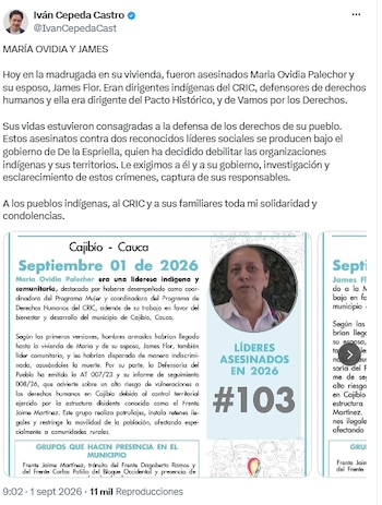 Iván Cepeda pidió capturar a responsables materiales e intelectuales de doble homicidio en Cauca - crédito @IvanCepedaCast/X