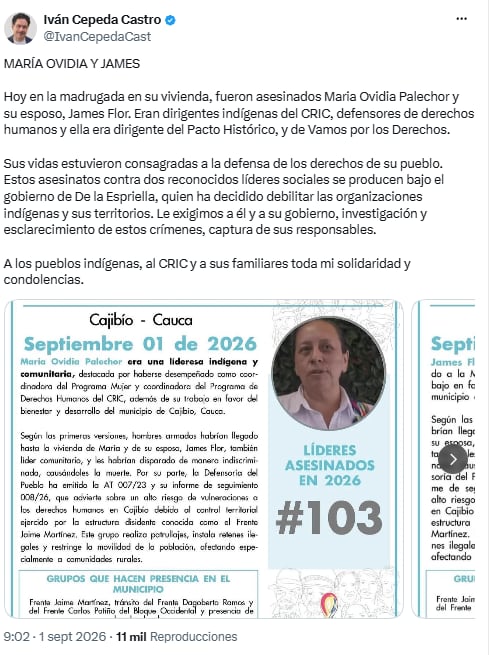 Iván Cepeda pidió capturar a responsables materiales e intelectuales de doble homicidio en Cauca - crédito @IvanCepedaCast/X