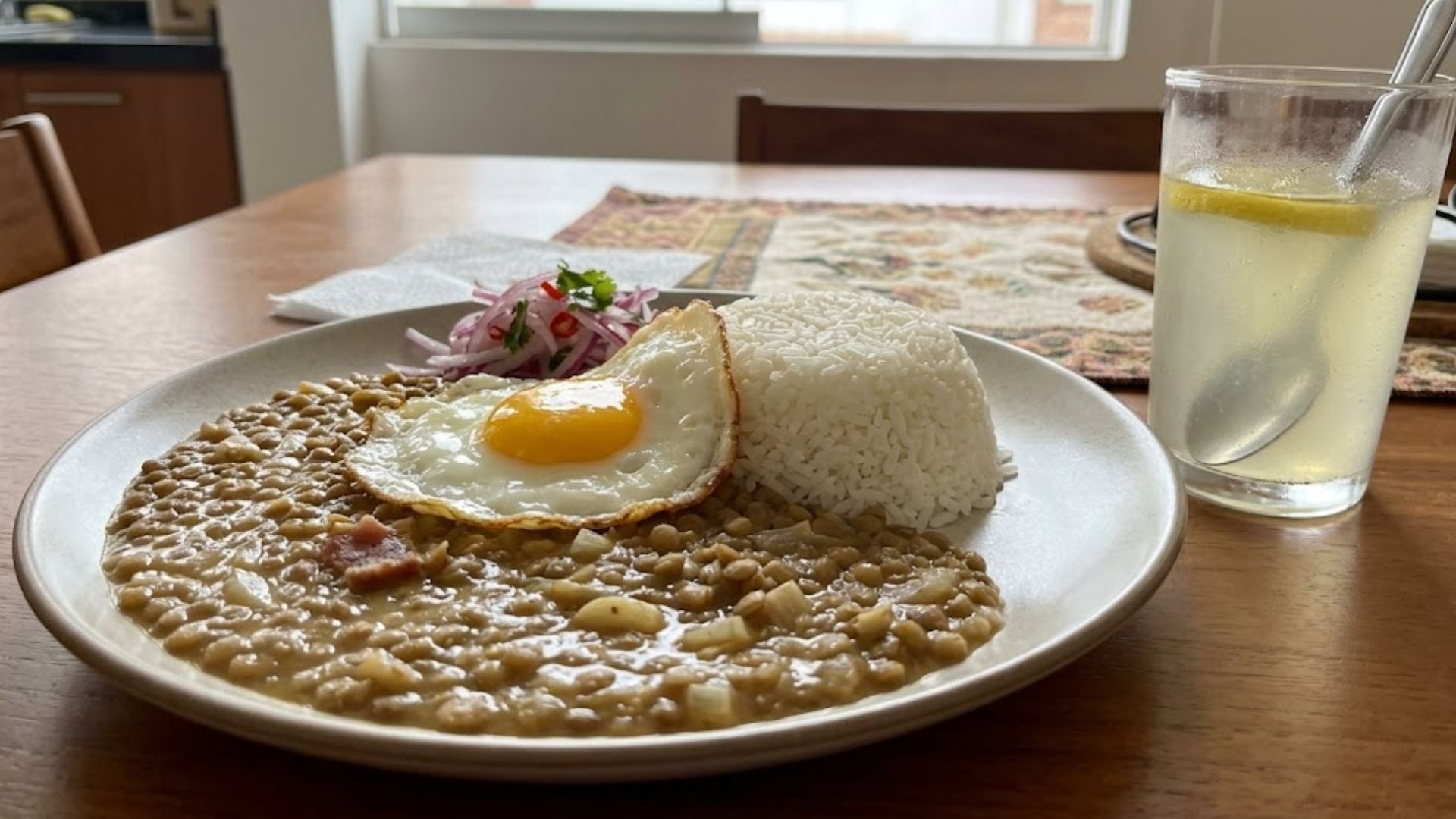 Un plato de lentejas guisadas con arroz blanco, un huevo frito y salsa de cebolla morada se presenta junto a un vaso con limonada sobre una mesa de madera. (Imagen Ilustrativa Infobae)