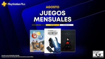 Fondo azul con el logo de PlayStation Plus y texto 'Juegos Mensuales Agosto'. Tres carátulas de videojuegos: Big Walk, Dying Light 2 Stay Human y Signalis