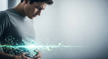 Joven adulto con camiseta gris mira su abdomen, con proyección digital de luz verde y azul, formas hexagonales y partículas, sobre fondo neutro.