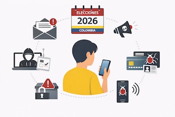 Ilustración de un hombre mirando su smartphone, rodeado de iconos: calendario Elecciones 2026 Colombia, hacker, email, virus, robo de datos y desinformación.