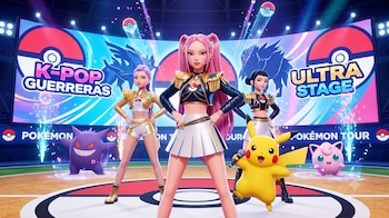 Tres mujeres de Las Guerreras K-pop y los Pokémon Pikachu, Gengar y Jigglypuff en un escenario. Una pantalla trasera muestra logos y texto
