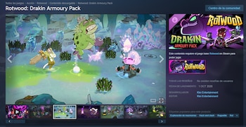 Captura de pantalla de la tienda Steam con imágenes de un videojuego de animación y la ficha del producto Rotwood: Drakin Armoury Pack