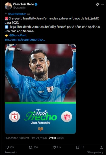 El periodista especializado en fichajes dio la noticia sobre la salida de Fernandes hacia México-crédito @CLMerlo/X