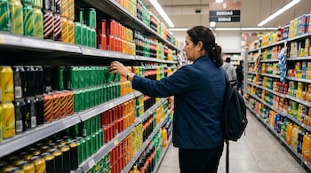Una mujer toma una lata verde de un estante repleto de latas y botellas en el pasillo de un supermercado.