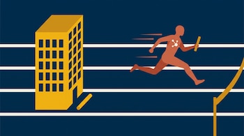Ilustración plana de una pista de atletismo con franjas. Una persona corriendo con un testigo y un símbolo de nodo de red en el pecho, y un edificio estático con otro testigo.