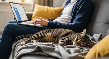 Una persona sentada en un sofá gris con una computadora portátil en su regazo, y un gato atigrado durmiendo sobre una manta gris al lado.