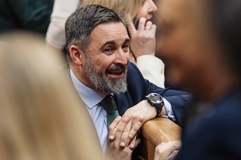El líder de VOX, Santiago Abascal, en el Congreso de los Diputados. (Carlos Luján / Europa Press)